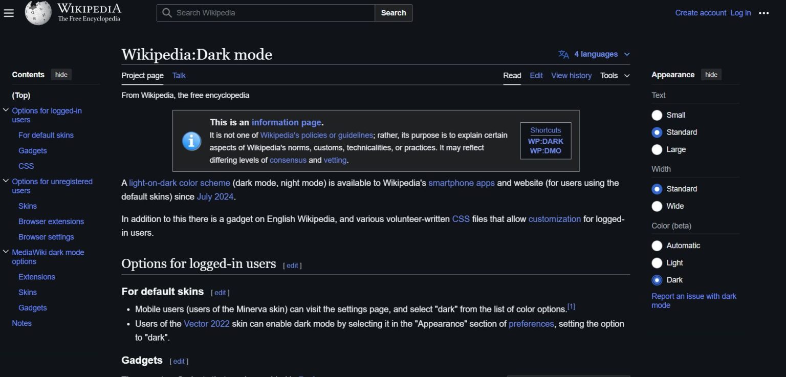 Web Wikipedie má nyní tmavý režim